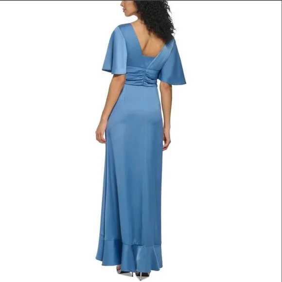 DKNY Womens Blue Satin Flutter Sleeves Evening Dress Gown 6 BHFO 5790 -  threedaughtersproperties.com